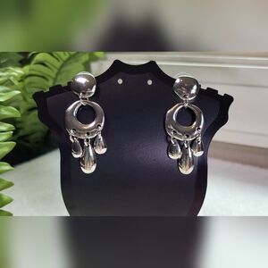 Metallic Silver Statement Dangle Stud Earrings / Pierced
